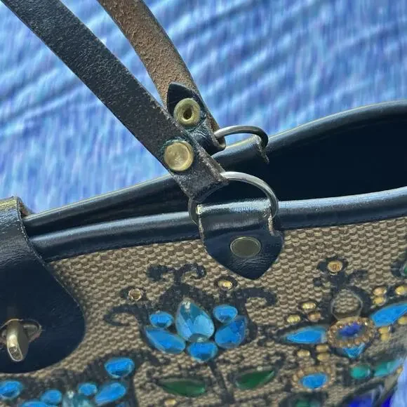 VTG 1964 Enid Collins Purse Pavan Pheasant Peacock Blue Jewels Wooden Bucket